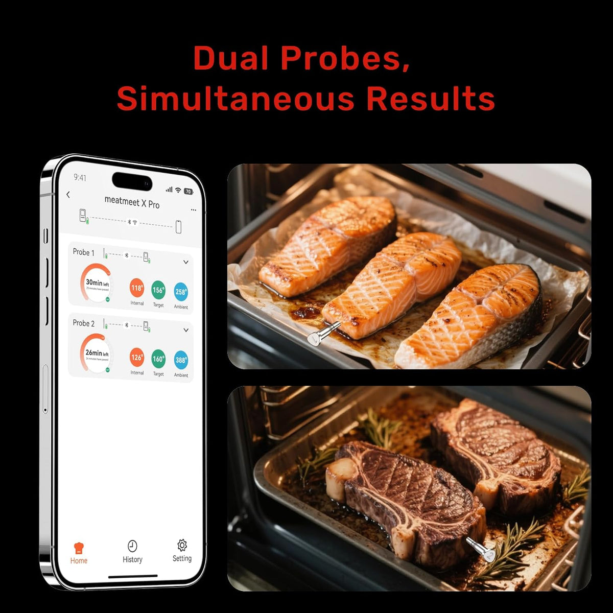 Wireless Meat Thermometer, WiFi & Bluetooth, Smart Base, 2 Probes