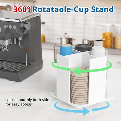 KOTEMON Cup and Lid Holder, 4 Compartment, Square | Rotating Coffee Cup Dispenser Lid Carousel for Restaurant, Buffet, Coffee Station, Bar, Countertop, Clear Acrylic