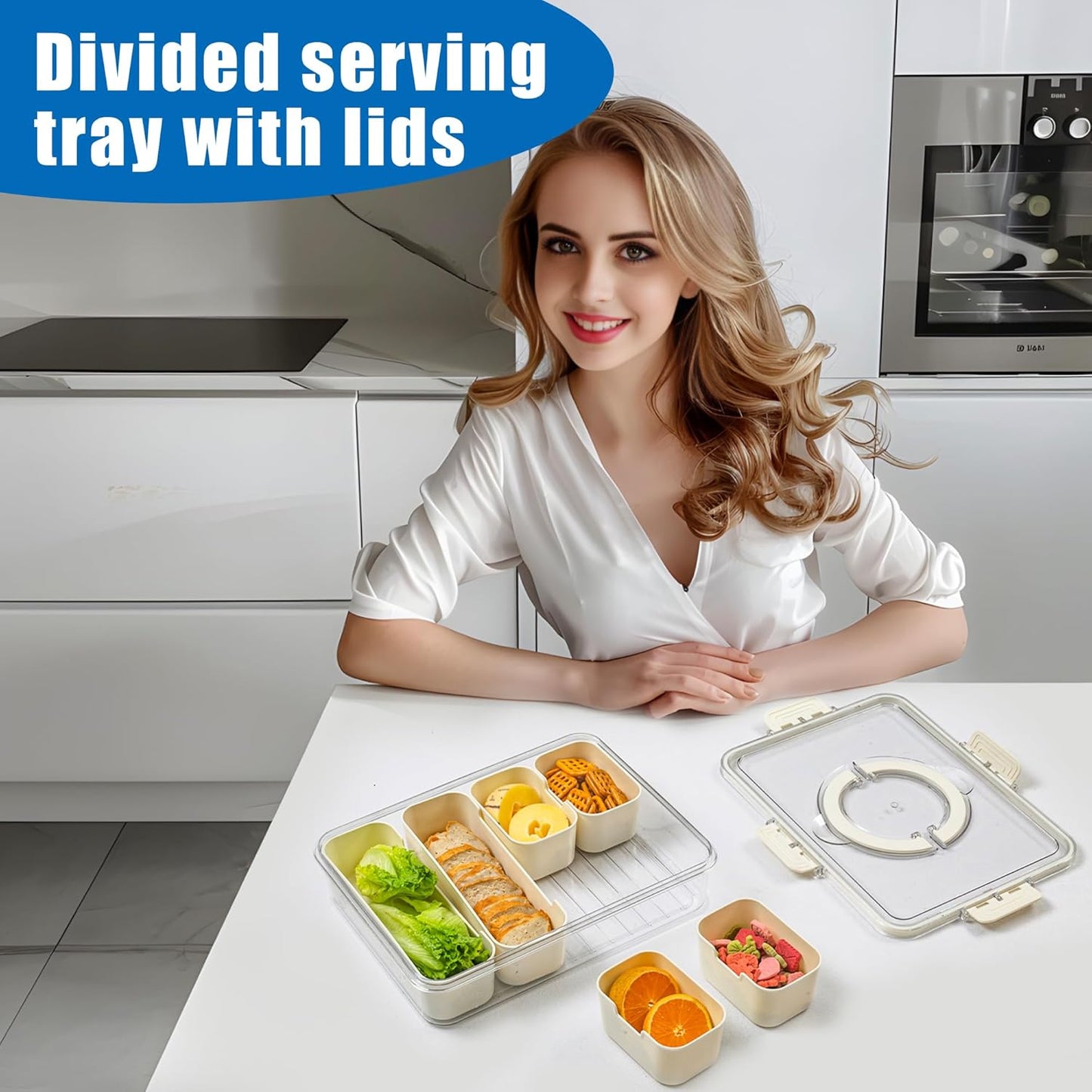 Bandesun Divided Serving Tray with Lid and Handle - Snackle Box Charcuterie Container for Portable Snack Platters - Clear Organizer for Candy, Fruits, Snacks，Nuts - Perfect (Pack of 2)