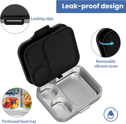 Pawtong Stainless Steel Bento Lunch Box for Kids | 3-Compartment Lunch Box Container Kids | 100% Leakproof, Eco-Friendly, Perfect Portion Control for Kids&Adult Healthy Meals (Purple)