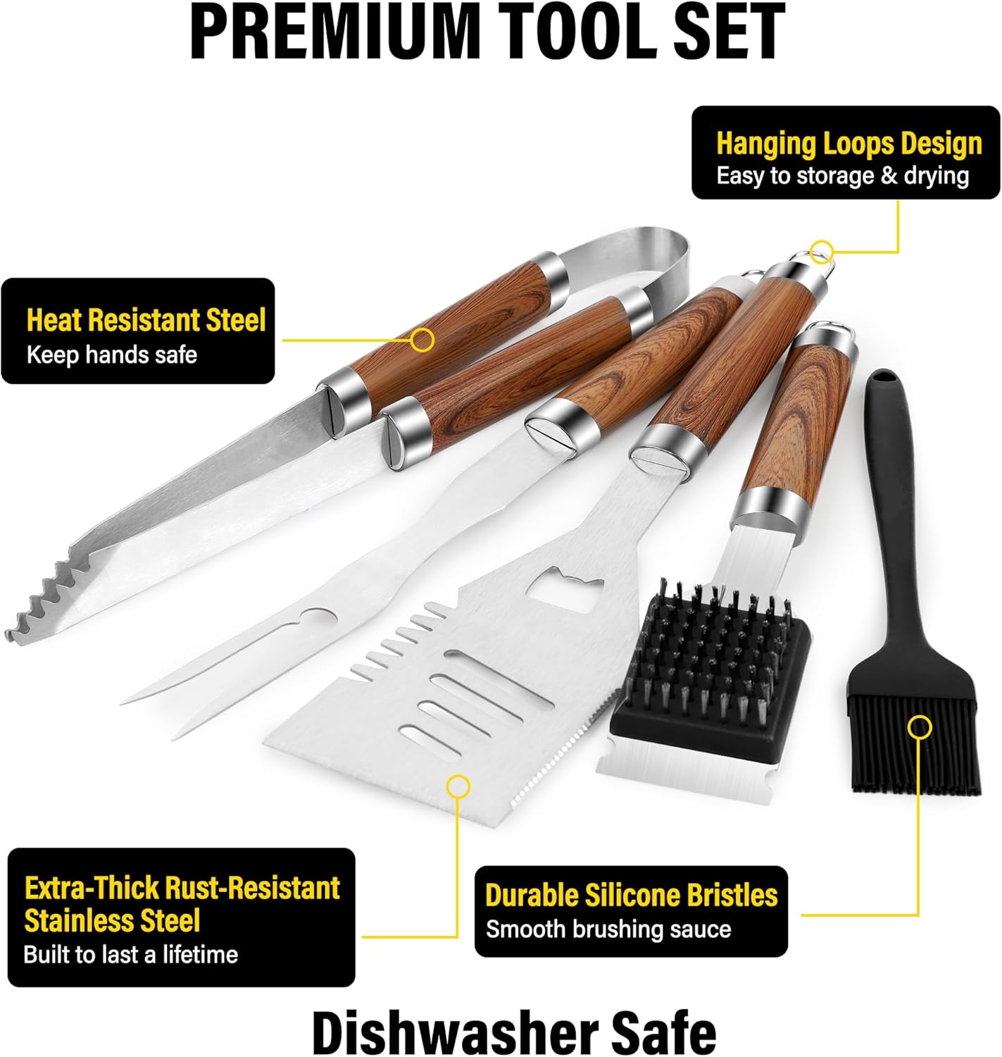 Yekale BBQ Grill Accessories Set, Grill Tools Grilling Accessories Grilling Gifts for Men - Spatula, Fork, Brush, Tongs & Cleaning Brush - Outdoor Barbecue Utensils Gifts for Men Dad Him (Sliver)