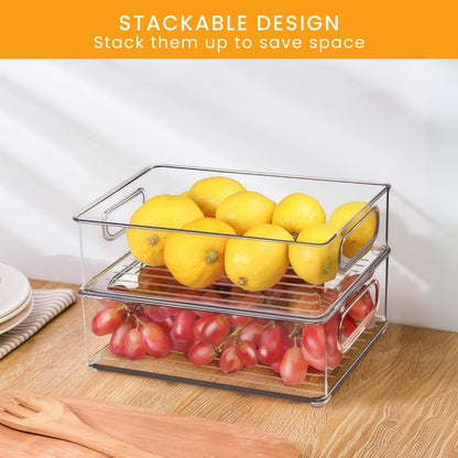 Stackable Refrigerator Organizer Large Bins, 6 Pack (3 Different Size) Clear Kitchen Organizer Container Bins with Handles for Pantry, Cabinets, Shelves, Drawer, Freezer, Fridge - Food Safe, BPA Free