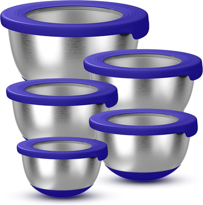 KITEISCAT Stainless Steel Mixing Bowls with Lids – Set of 5 Large Nesting Metal Bowls for Kitchen, Baking, Cooking, Food Prep & Storage, Non-Slip Base, Dishwasher Safe,Khaki