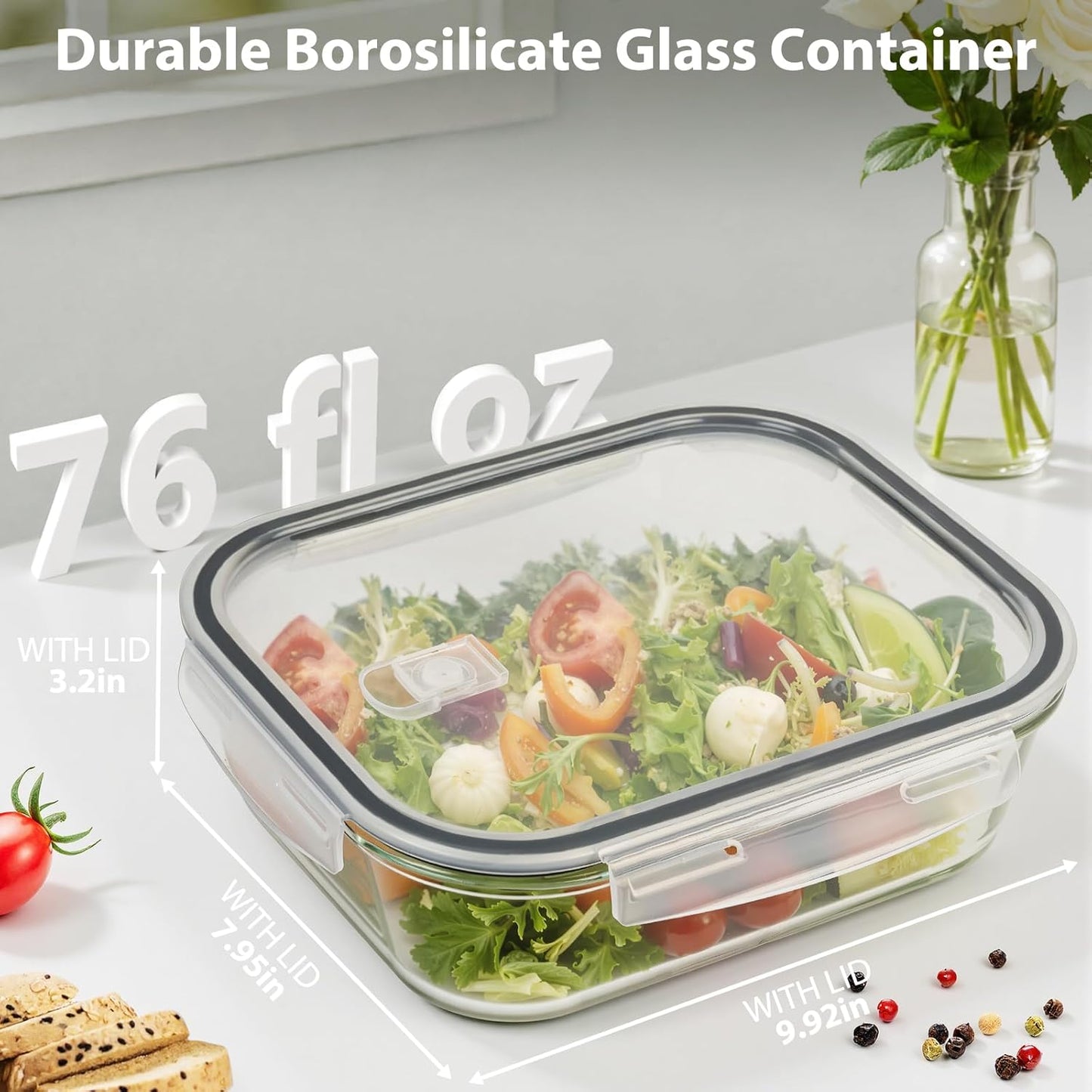 Freshmage 2 Pack 76.4oz Large Glass Storage Containers with Air Vent Lids, 9.5 Cup Glass Food Storage Container for Meal Prep, Lunch, Baking, Food Serving, Oven, Dishwasher & Freezer Safe, BPA-Free
