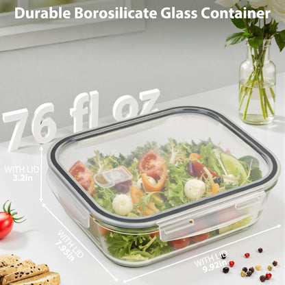 Freshmage 2 Pack 76.4oz Large Glass Storage Containers with Air Vent Lids, 9.5 Cup Glass Food Storage Container for Meal Prep, Lunch, Baking, Food Serving, Oven, Dishwasher & Freezer Safe, BPA-Free