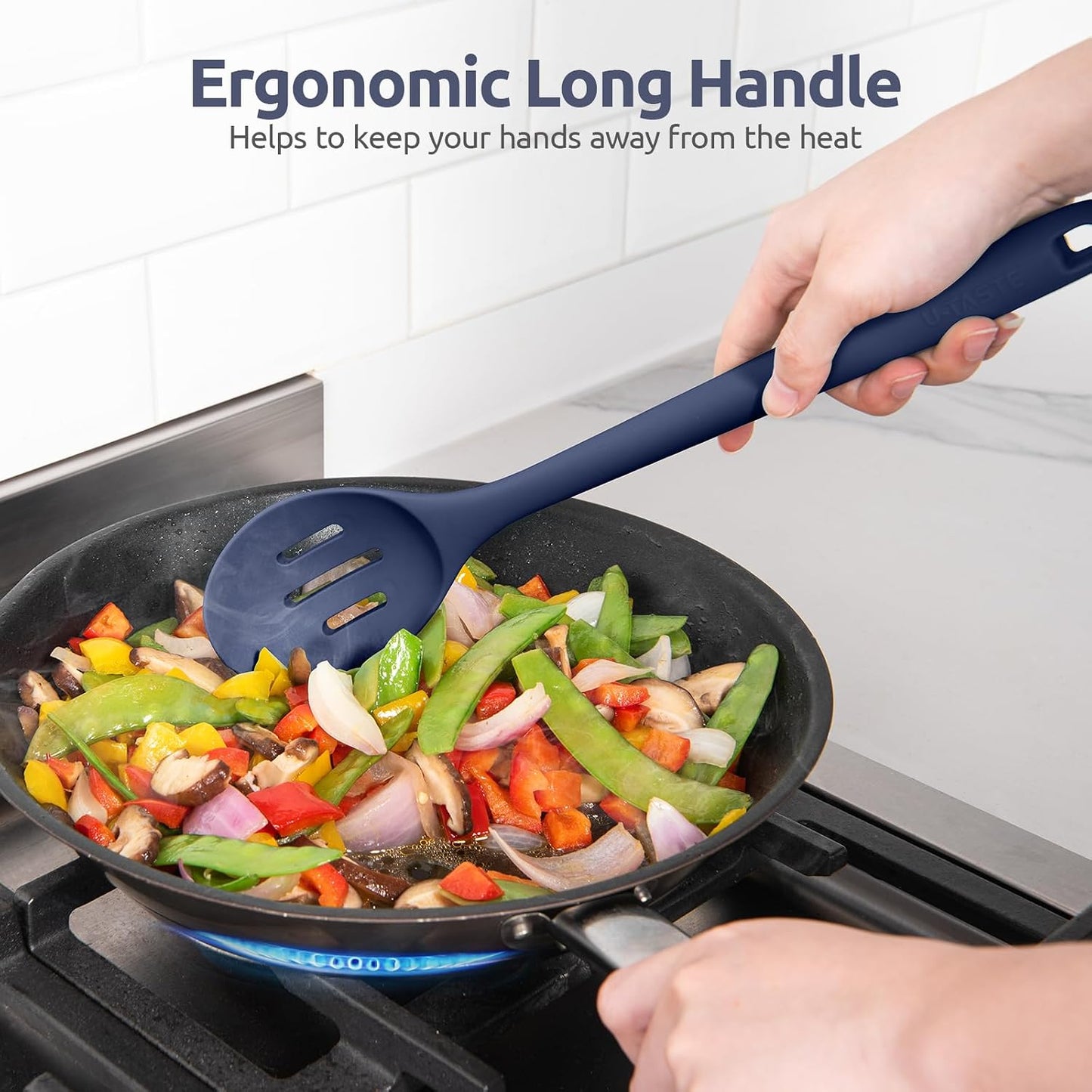 600ºF Heat Resistant Silicone Spoons: U-Taste 13.3in Solid & Slotted Kitchen Cooking Tool, Nonstick Long Rubber Utensil, Sturdy for Mixing, Serving, Stirring, Frying, Basting (Aqua Sky, 2PCS)