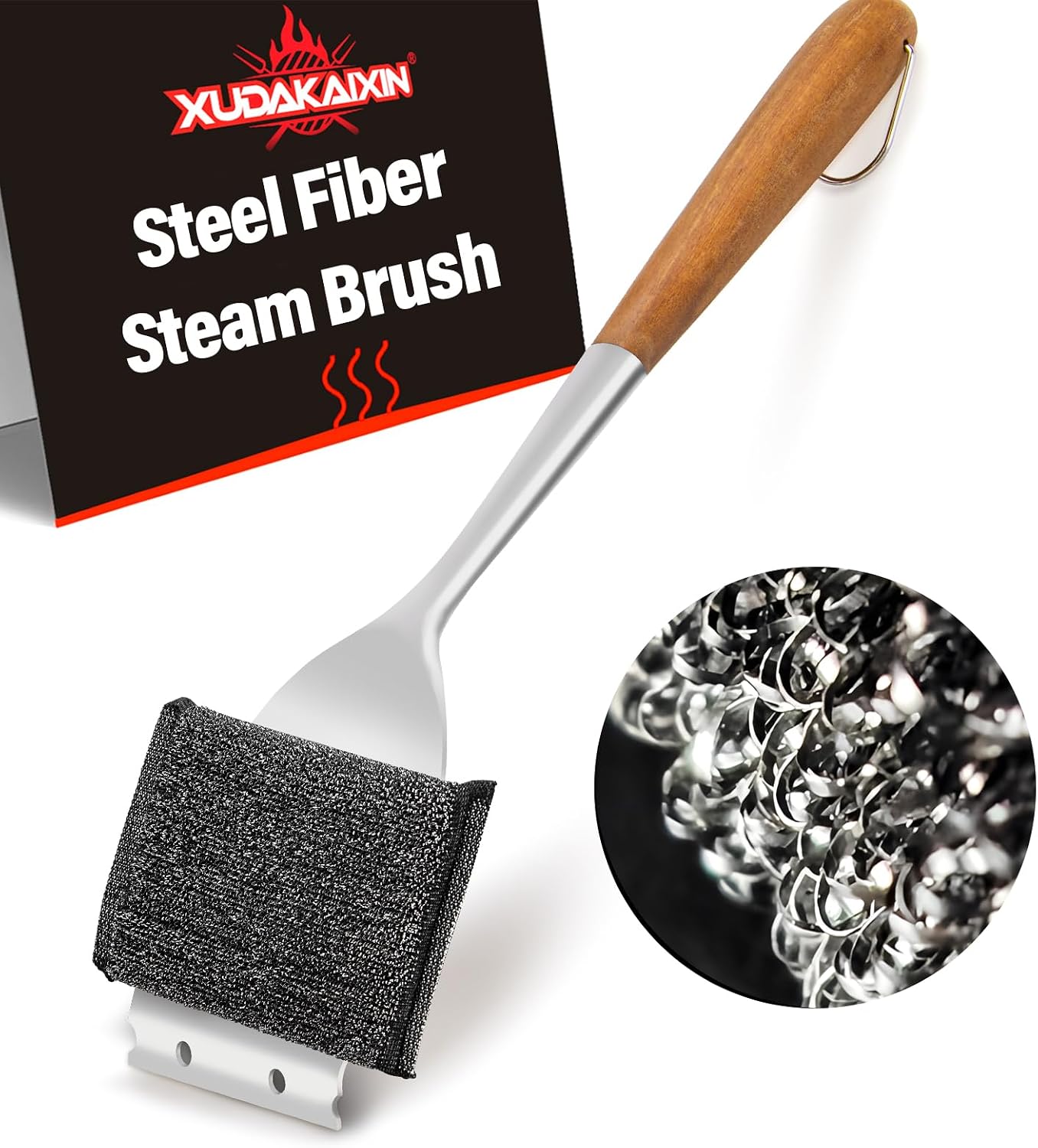XUDKAKAIXIN Grill Brush Bristle Free,with 1 Replacement Head,Unique Steel Fibers Pad [Safe & Efficient] Perfect for Cast Iron/Stainless-Steel Grates-,Grill Cleaner for Outdoor Gril,Gifts for Men/Dad