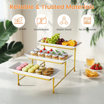 3 Tier Servings Tray for Party, 12"x6" Tiered Serving Platters with Steel Display Stand for Sevring Food,Cookies,Veggie, Dessert,Fruit, Black