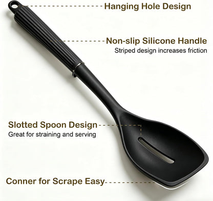 2 Pack Silicone Cooking Spoon Spatulas, Non Stick Large Rubber Spoon Set for Mixing, Serving, Draining, Scraping, 13Inch Heat Resistant Kitchen Utensils, Green+Grey