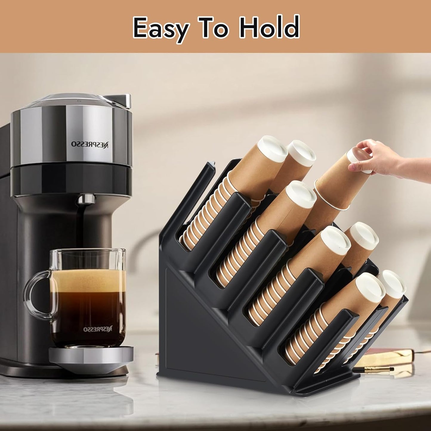 CURTA Paper Cup and Lid Holder, Disposable Paper Cup Dispenser 4 Compartment Coffee Cup and Lid Storage Organizer Holder for Countertop Coffee Station Bar Restaurant Breakroom