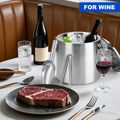 Ice Bucket, 4L Double Wall Insulated Ice Bucket with Lid,Scoop,Tongs- Inner Layer 304 Stainless Steel Ice Container Keep Ice Frozen Longer- Ideal for Cocktail Bar,Parties (4L)