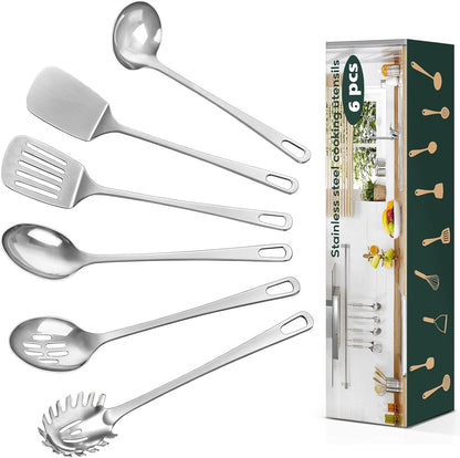 4 Pcs Cooking Utensils Set, Stainless Steel Kitchen Utensils, Heat Resistant Metal Kitchen Tools Include Solid & Slotted Turner Wok Spatula, Serving Spoon, Ergonomic Handle, Easy to Clean, Silver