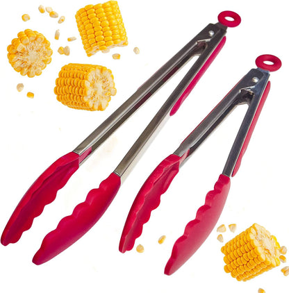 StarPack Premium Silicone Kitchen Tongs Set of 2 (9-Inch & 12-Inch) - Stainless Steel with Non-Stick Silicone Tips, High Heat Resistant to 480°F, For Cooking, Serving, Grill, BBQ & Salad (Cherry Red)