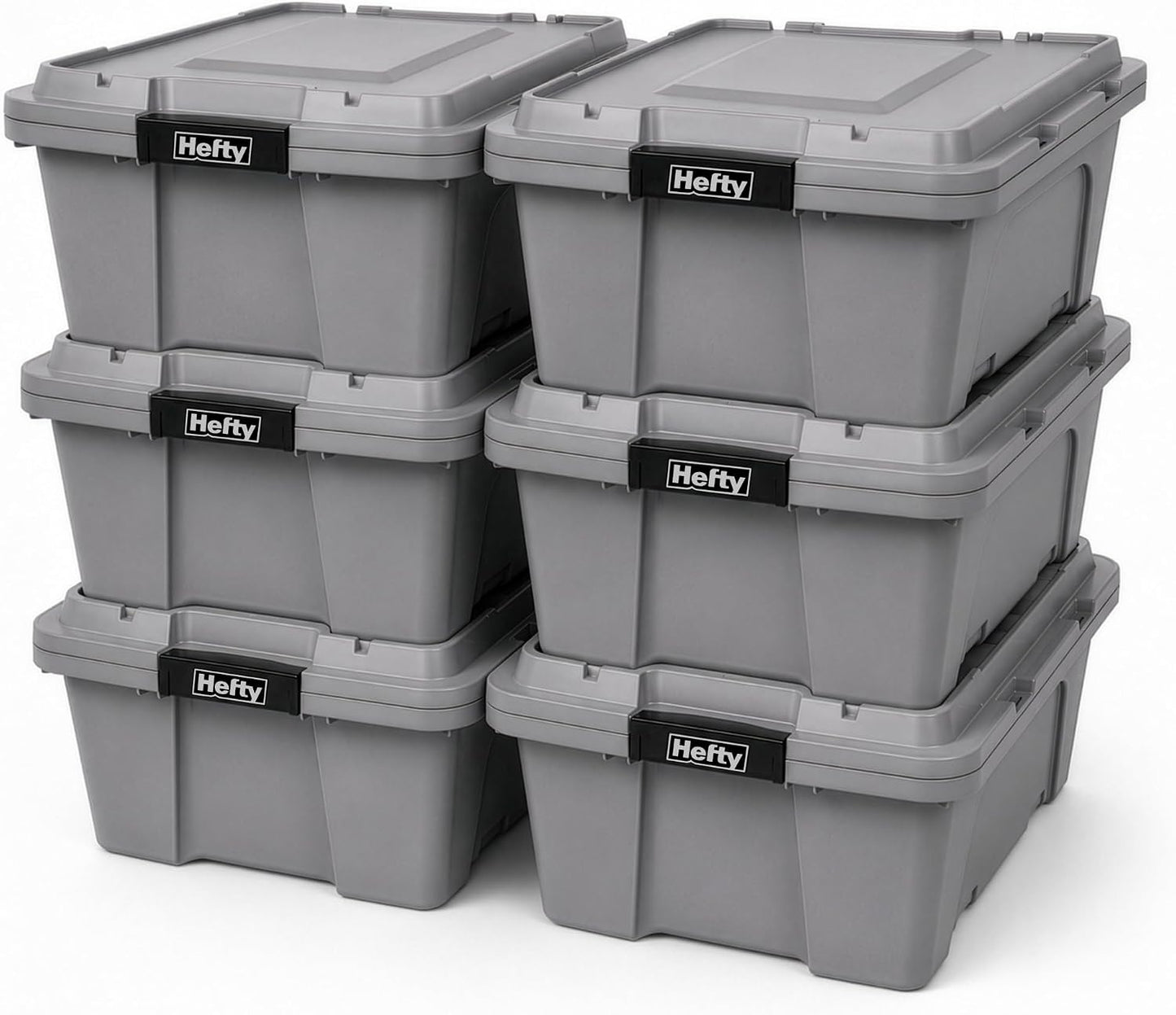 Hefty MAX Pro 12 Gallon Storage Bins with Latching Lids, Heavy Duty Stackable Plastic Storage Containers for Garage, Basement & Outdoor Use, Utility Storage Tote, 6 Pack, Gray