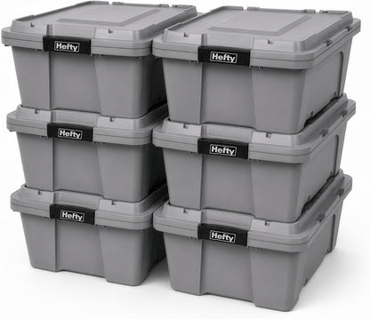 Hefty MAX Pro 12 Gallon Storage Bins with Latching Lids, Heavy Duty Stackable Plastic Storage Containers for Garage, Basement & Outdoor Use, Utility Storage Tote, 6 Pack, Gray