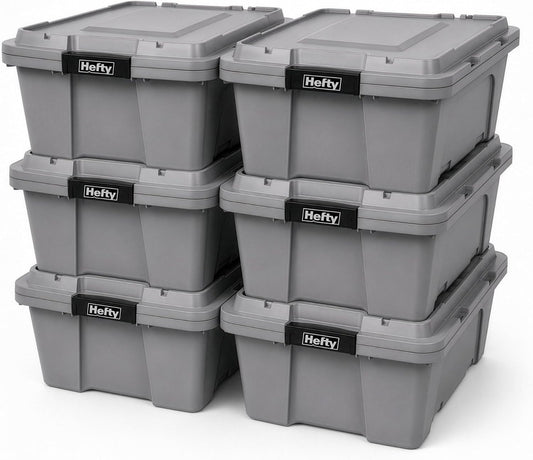 Hefty MAX Pro 12 Gallon Storage Bins with Latching Lids, Heavy Duty Stackable Plastic Storage Containers for Garage, Basement & Outdoor Use, Utility Storage Tote, 6 Pack, Gray