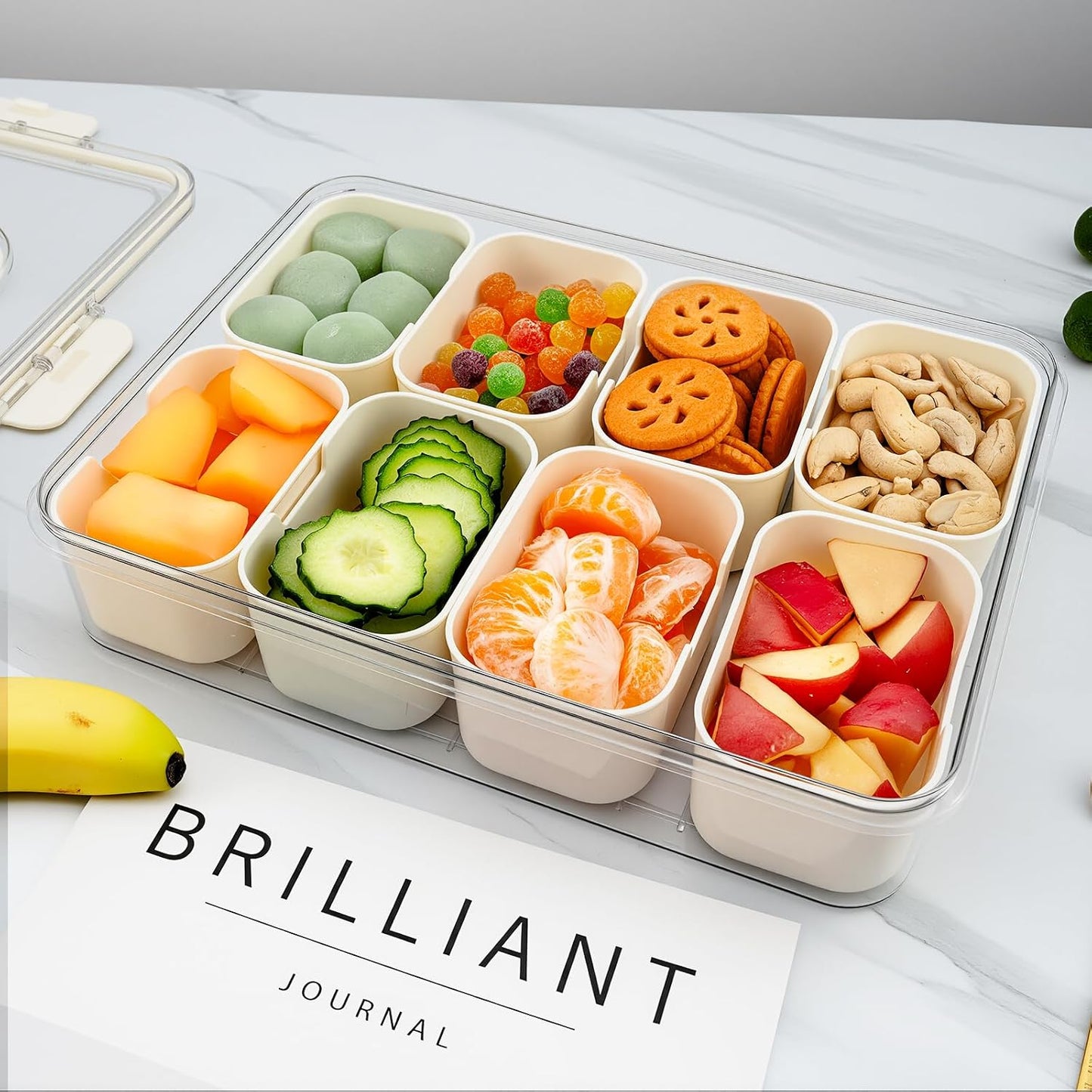 Portable Divided Snackle Box Serving Tray with Lid & Handle | Travel-friendly storage organizer. Multiple compartments for fruits, snacks, and sauces. Secure lid keeps food fresh.