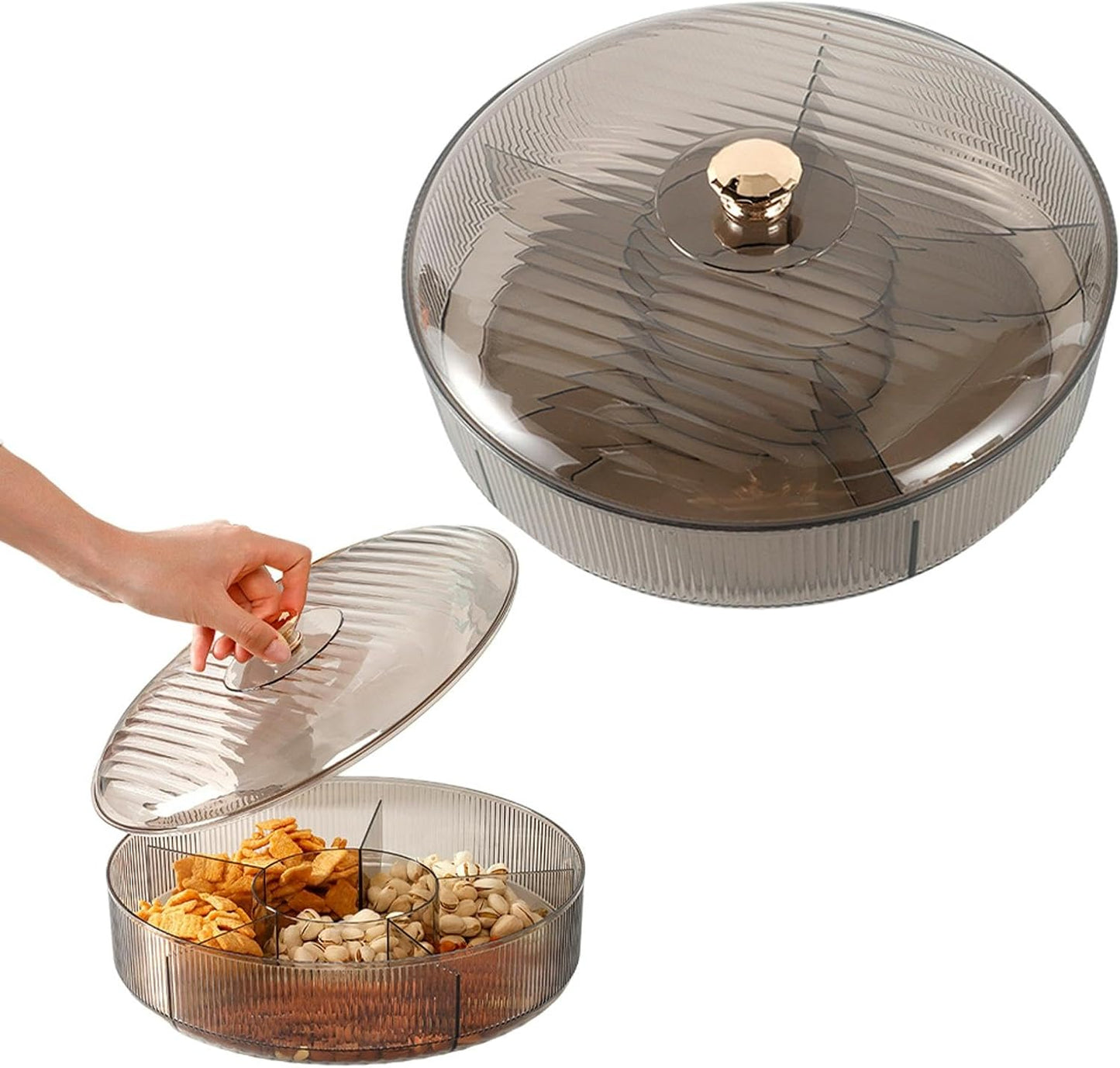 Divided Clear Snack Serving Tray with Lid, 6 Compartments Round Plastic Food Storage Organizer for Fruits, Nuts, Candies, Cookies, Stackable Snackle Box for Kitchen, Party and Picnic(Grey)