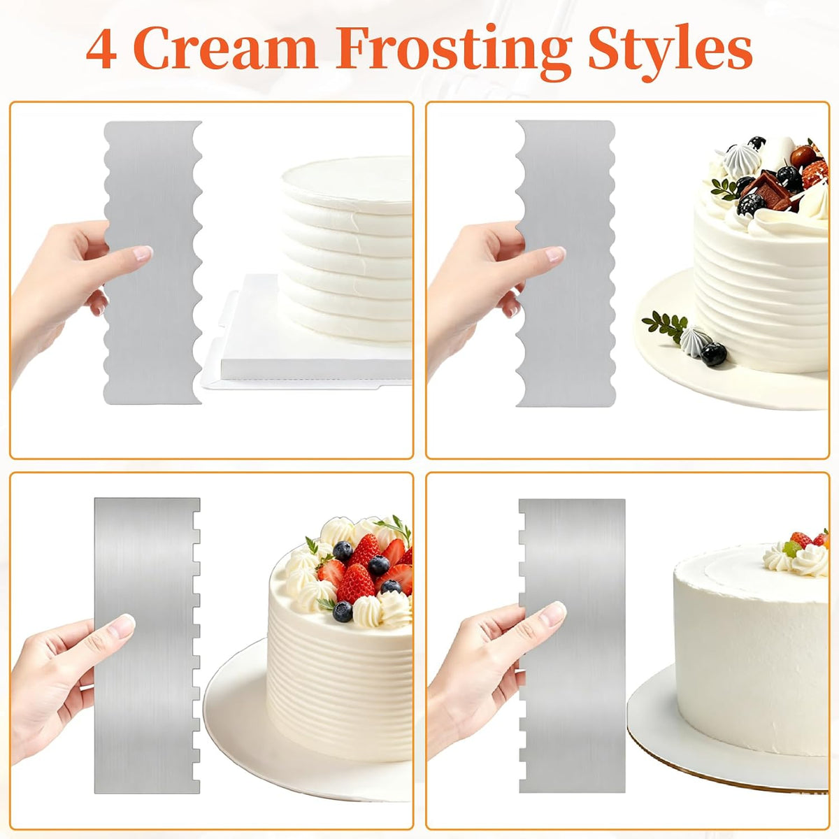 Cake Scraper Set 3PCS, Stainless Steel Flat Convex Wave with Icing Spatula