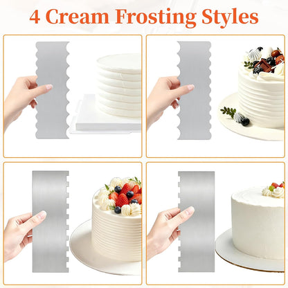 Cake Scraper Set 3PCS, Stainless Steel Flat Convex Wave with Icing Spatula