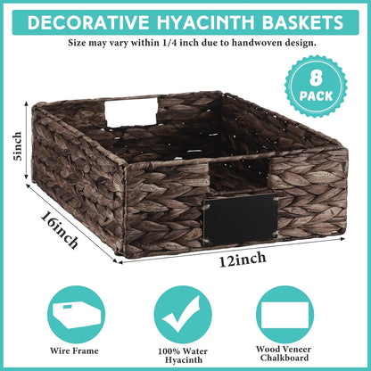 Nitial 8 Pcs Wicker Storage Basket, Rectangular Water Hyacinth Storage Basket for Shelving, Foldable Woven Pantry Organizer with Chalkboard Label and Chalk Marker (Natural,12 x 9 x 5 Inch)