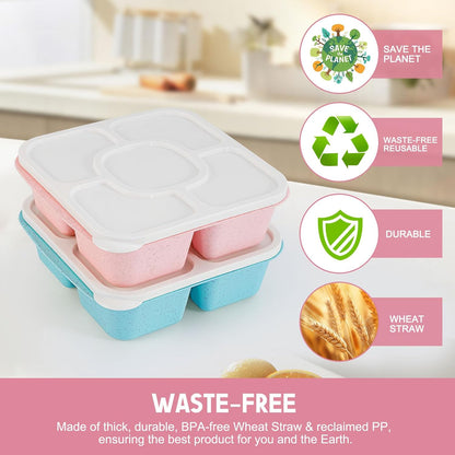 Original Lunchable Snack Containers - 5 Compartments Bento Snack Boxes with 1 Leakproof Small Containers, Wheat Straw, BPA-Free, Set of 2 (Bule+Pink)