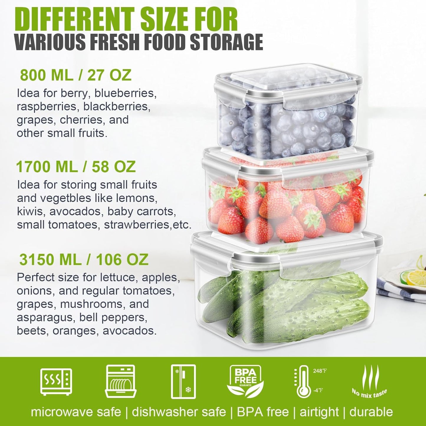 10 Pieces Fruit Storage Container for Fridge, 5 Pack Plastic Fruit Containers for Fridge with Removable Colander, Container for Fruit Berry Salad, BPA Free Kitchen Refrigerator Organizers