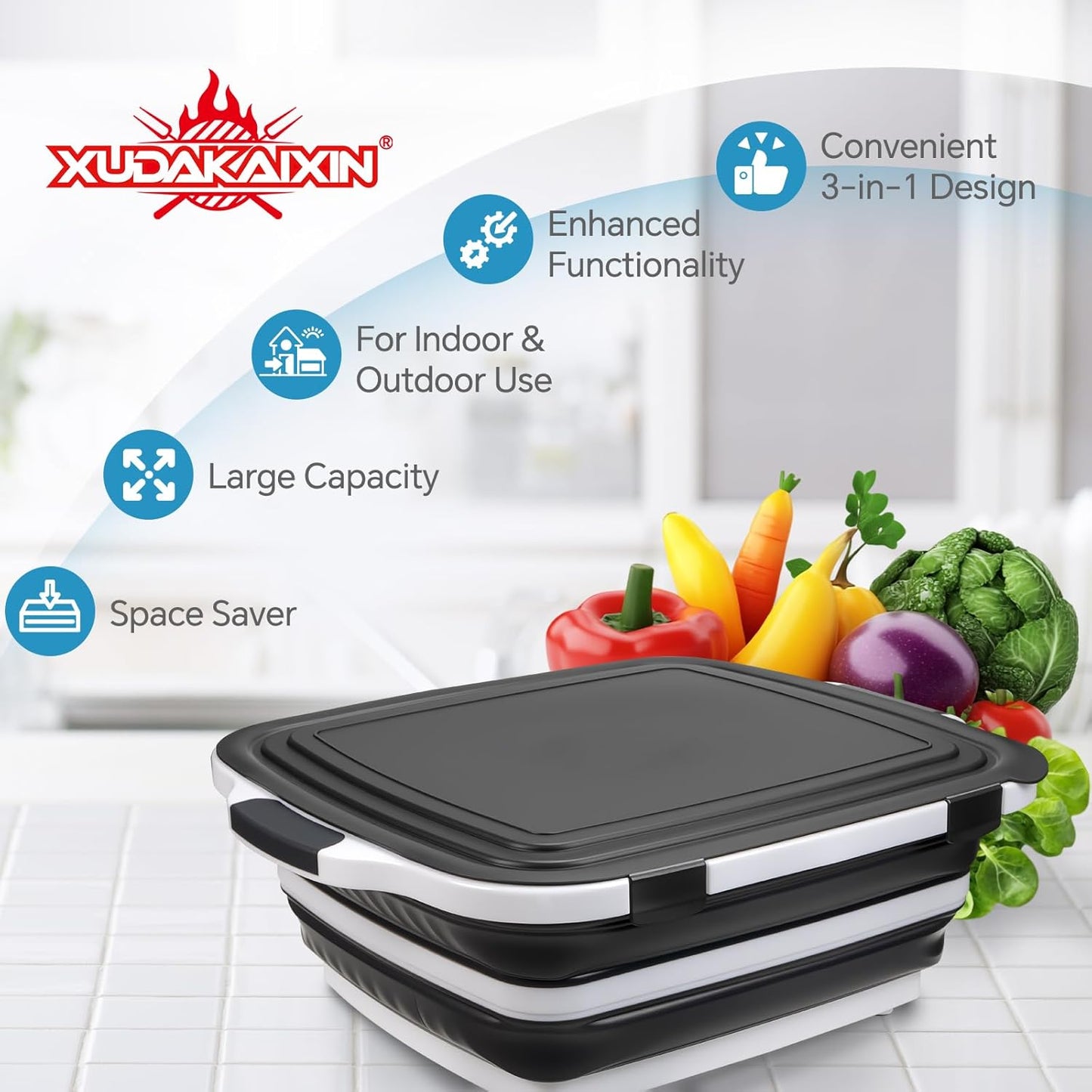 XUDAKAIXIN Collapsible BBQ Prep Tub for Meal Prep, Marinating,Food Storage, picnics, camping, barbecues,cutting fruits and vegetables - Includes Cutting Board and Locking Lid,(X-Large) Black