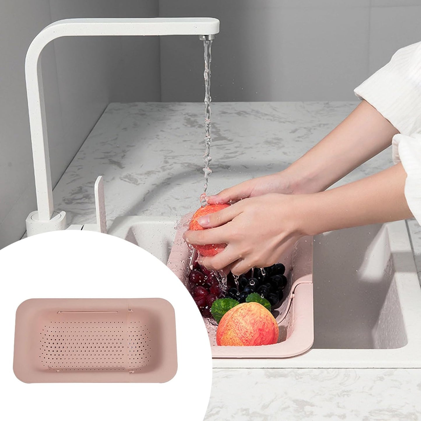Over the Colander Strainer Wash Vegetables and Fruits, Drain Cooked Pasta and Dry Dishes - Extendable - Vegetable Washing For Fruits, Drain Cooked Pasta and Dishes (Green, One Size)