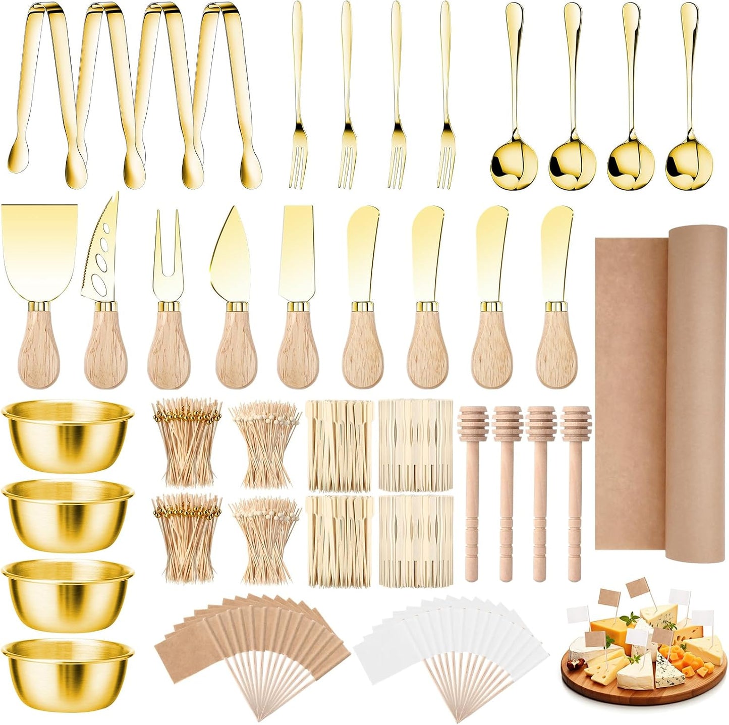 530 Pcs Charcuterie Board Accessories Cheese Butter Spreader Knife Set Butcher Paper Roll Serving Tongs Forks Spoons Dipping Bowls Dippers Cocktail Picks for Party Wedding Christmas (Silver)