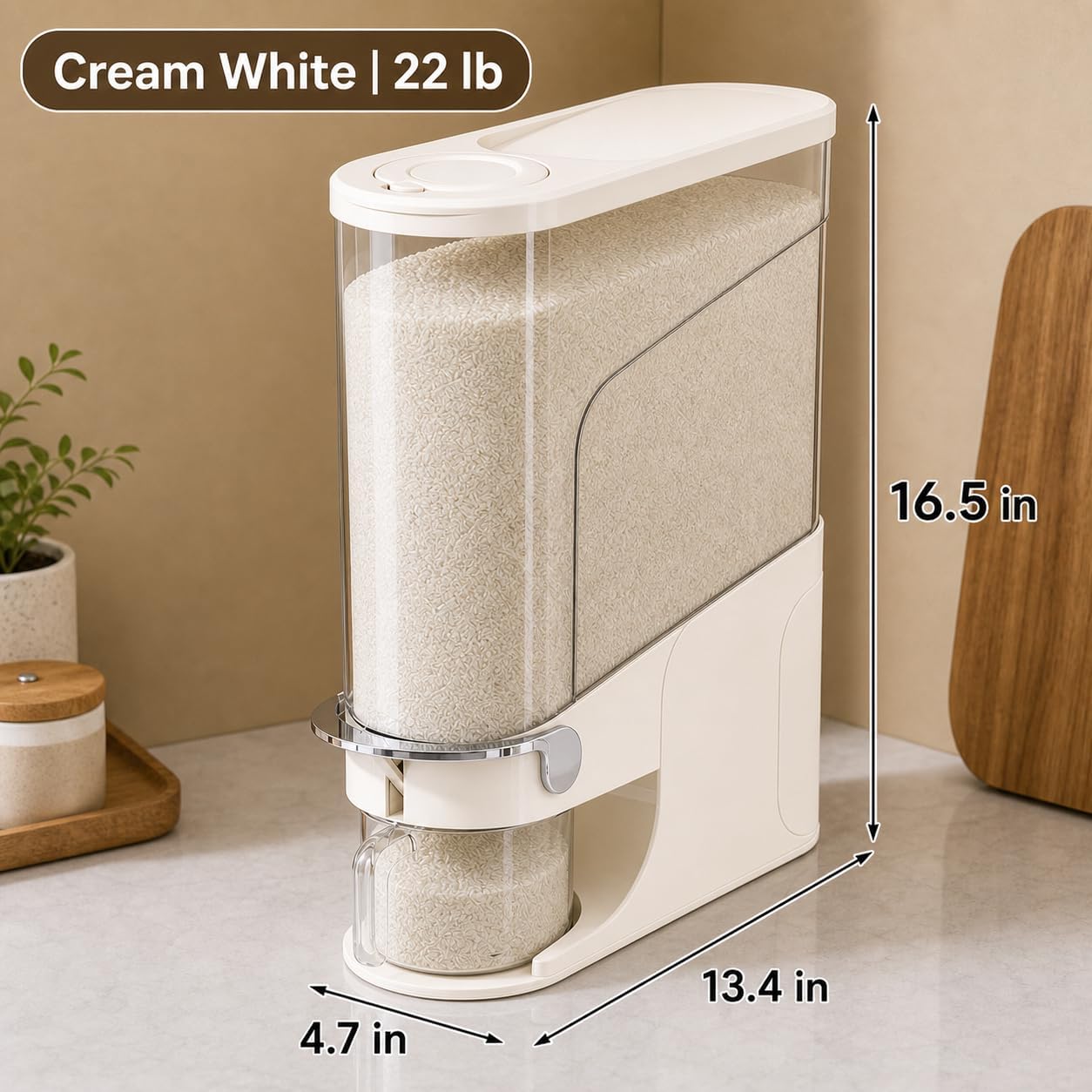 Rice Dispenser 11 Lb, Slim Rice Storage Container with Double Sealing Strip, Press to Dispense Cereal Container Airtight for Kitchen Pantry Organization, (Ivory White-11lb)