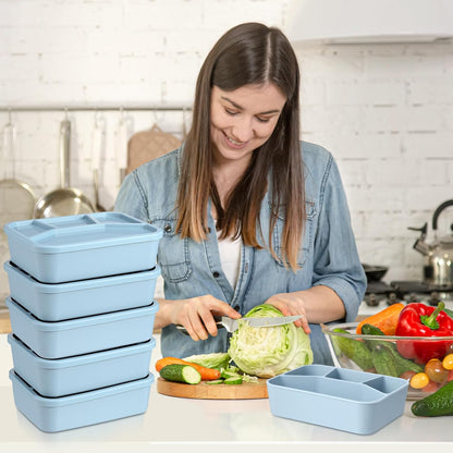 Honeydak 6 Pcs Silicone Bento Box Reusable Lunch Container 4 Compartment Snack Boxes with Lid Smooth LeakProof Rectangle Food Boxes for Adult Work Travel Food Storage (Cute Color)