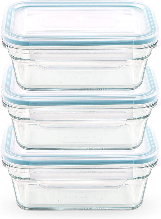Glasslock Snaplock Lid Tempered Storage Rectangular Container Airtight 3 Container Set Anti Spill Microwave & Oven Safe 3.5cups/828ml