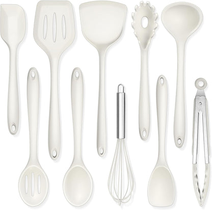 TeamFar Silicone Cooking Utensils, 10 pcs Kitchen Cooking Utensils Set, 446°F Heat Resistant Kitchen Gadgets Tools Set w/Spatula, Turners, Spoons, Soup Ladle, Pasta Server for Nonstick Cookware, Black