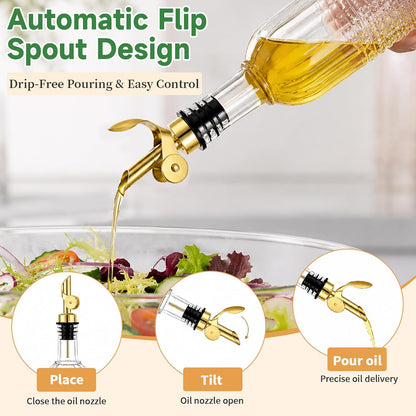 Olive Oil Dispenser Bottle, 2 Pack 17 oz Glass Oil and Vinegar Dispenser with 2 Gold Gravity Auto Flip Spouts, Metal Stand and Funnel, Decorative Polka Dot & Sunflower Design for Kitchen