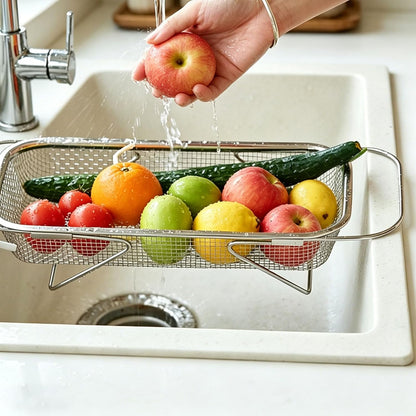 Sink Strainer Basket, Over the Sink Colander, Kitchen Expandable Stainless Steel Mesh Drain Basket, Adjustable Rectangular Kitchen Strainer with Handle for Washing Fruits, Vegetables and Pasta (Small)