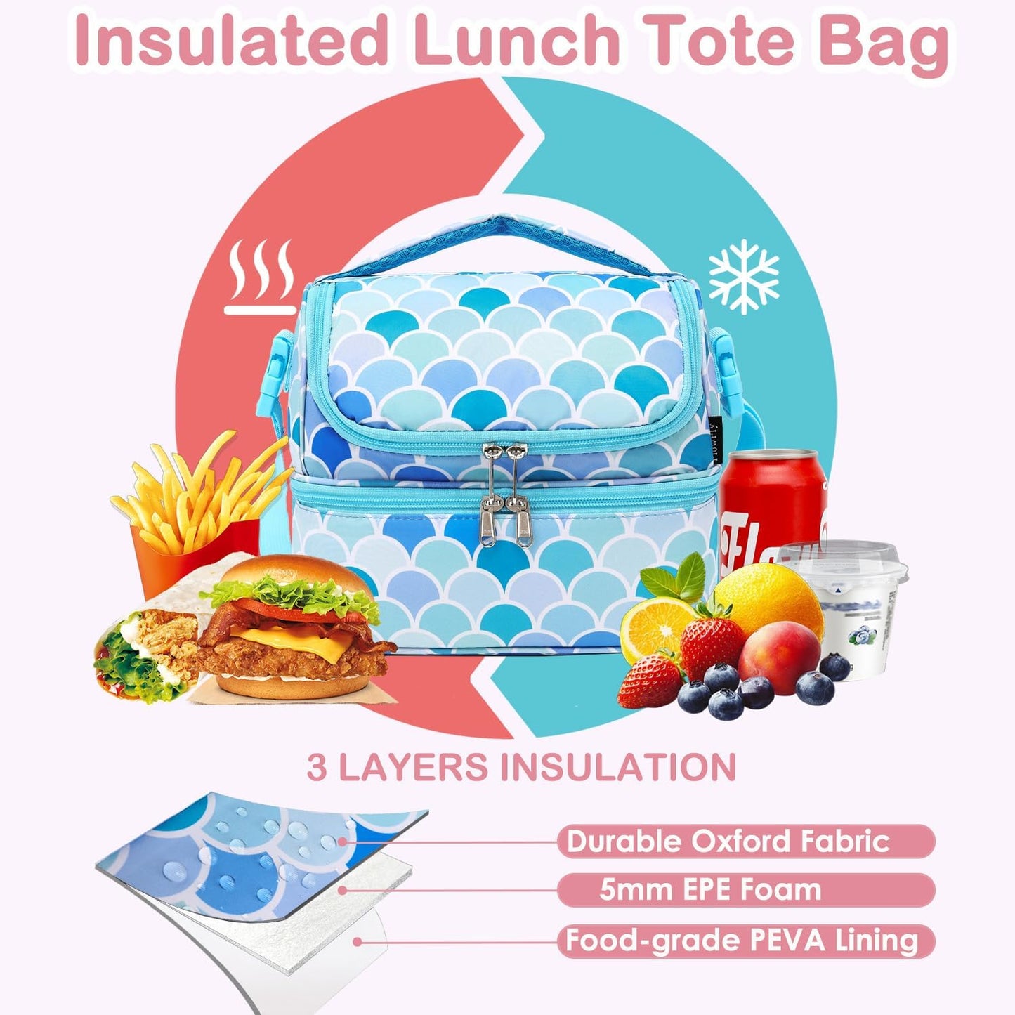 FlowFly Kids Double Decker Cooler Insulated Lunch Bag Large Tote for Boys, Girls, Men, Women, With Adjustable Strap, Unicorn