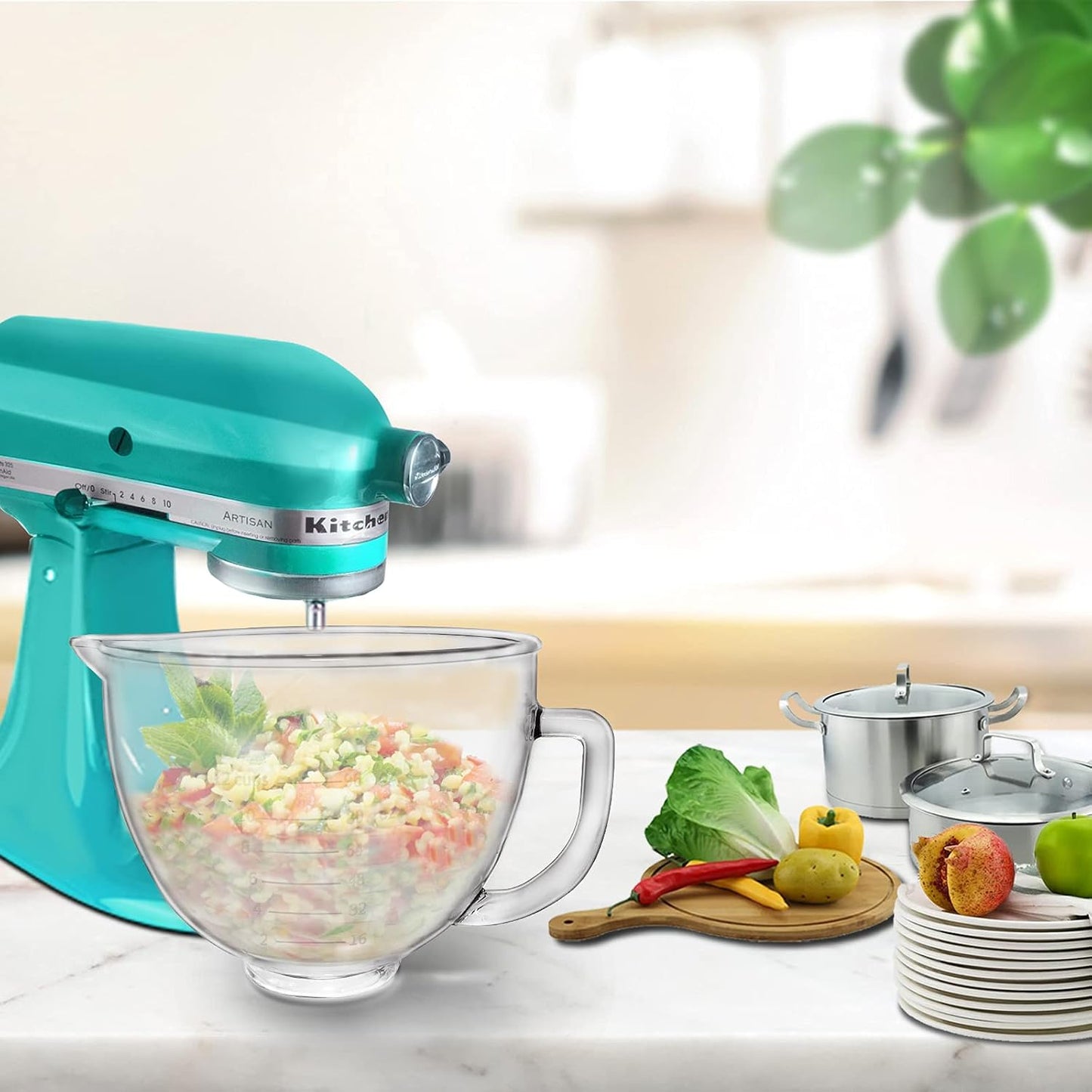 Stainless Steel Bowl Compatible with Kitchenaid Mixer 4.5/5QT，With Grey Lid,5 Quart Stainless Bowl for Kitchen Aid Mixing,With Green Lid