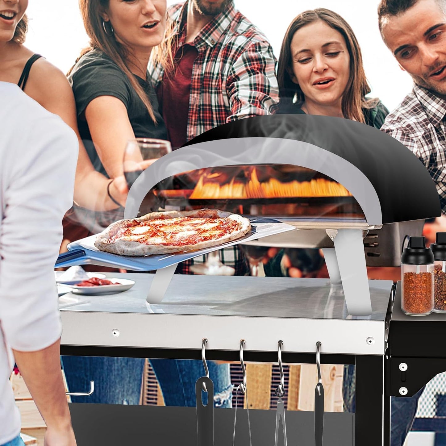 Upgraded Pizza Oven Cart Table for Ooni Koda/Karu/Fyra 16 & 12, Movable Thicken & Widen Rolling Kitchen Cart, Outdoor Grill Stand for Ninja Woodfire,Blackstone Griddle,Barbecue Tool Set