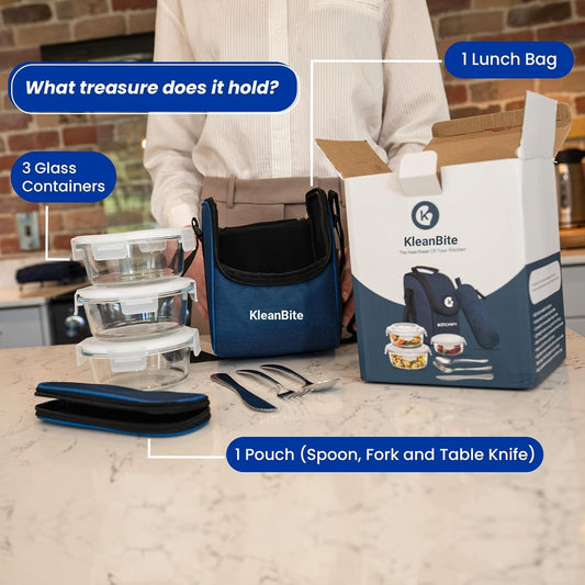 Insulated Lunch Bag with 3 Airtight & Leakproof Glass Containers, Fork & Knife Set | Food Storage Container for Office & Travel | Dishwasher & Microwave Safe (only for adults)