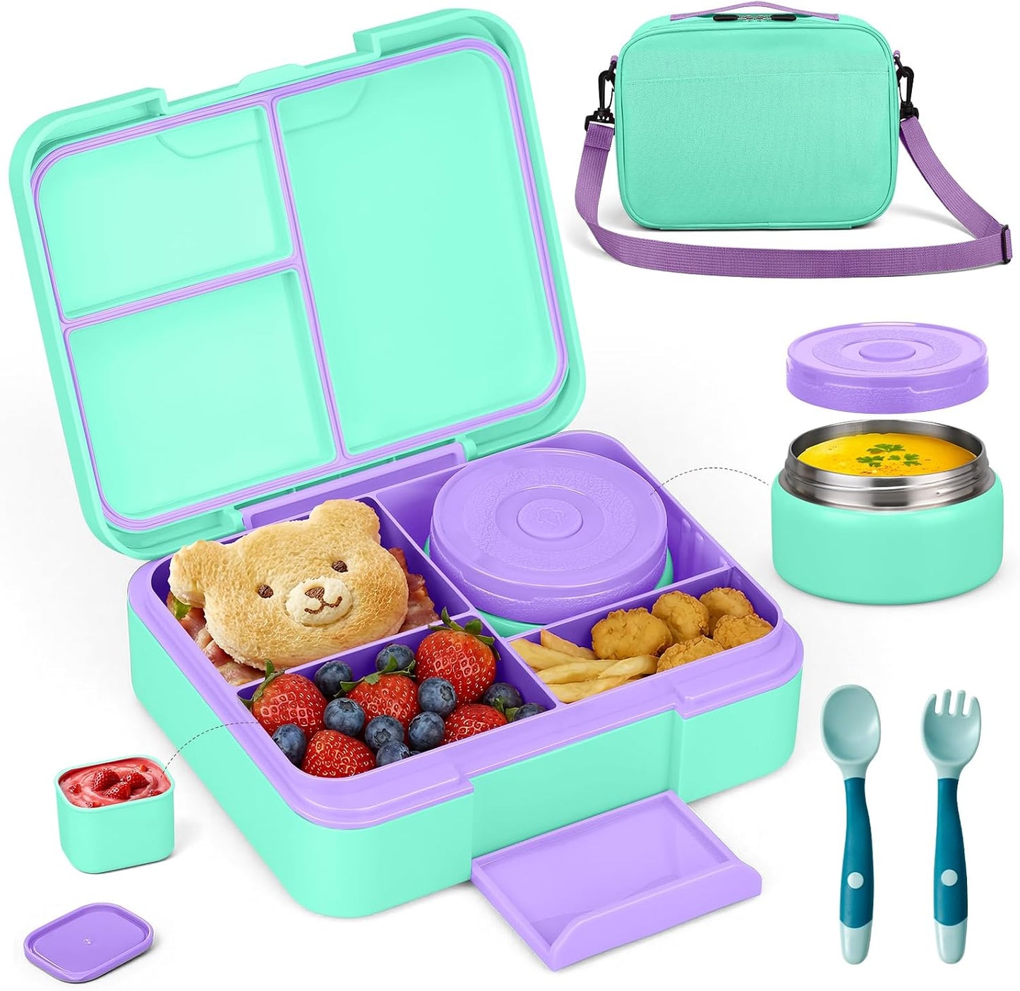 Bento Box Set with 9.5oz Soup Thermo Kids Leak-proof Lunch Box Container with 4 Compartment Stainless Steel Insulated Hot Food Jar with Bag for School Travel - Pink