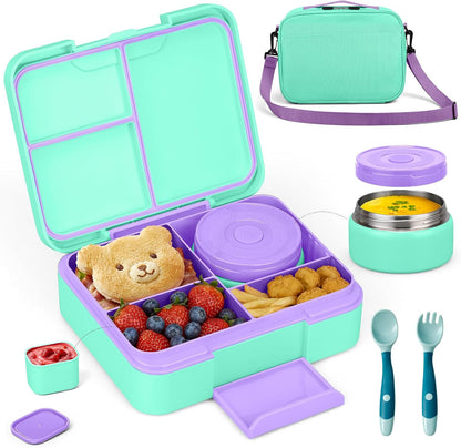 Bento Box Set with 9.5oz Soup Thermo Kids Leak-proof Lunch Box Container with 4 Compartment Stainless Steel Insulated Hot Food Jar with Bag for School Travel - Pink