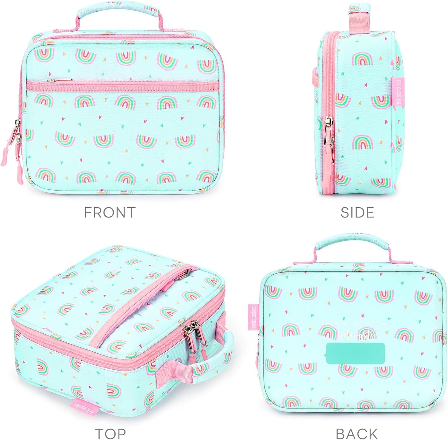 mibasies Kids Lunch Box for Girls Toddler, Insulated and Reusable Lunch Bag for School, Pink Rainbow