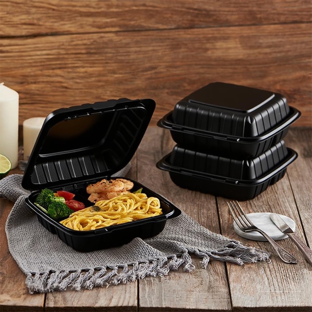 50Pack 8" X 8" 3-Compartment Clamshell To Go Food Containers With Secure Snap Lids - Heavy Duty Take out Containers Disposable To Go Plate For Carryout Meal Prep Catering (Black 3-Compartment)