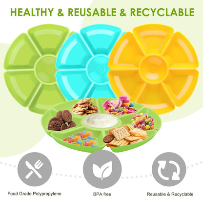 3 Pcs Sectional Round Plastic Serving Tray Platters 11inch Unbreakable Chip and Dip Divided Serving Plates,Round 7 Compartments Multifunctional Food Platter for Snack,Nuts,Candy,Dried Fruit,Veggies