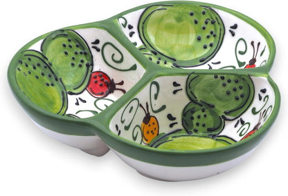 Ceramic Chip & Dip Bowl 7.5”, 3-Compartment Divided Serving Dish & Condiment Tray for Appetizers – Handmade in Spain, Lead-Free Glaze, Microwave, Oven & Dishwasher Safe