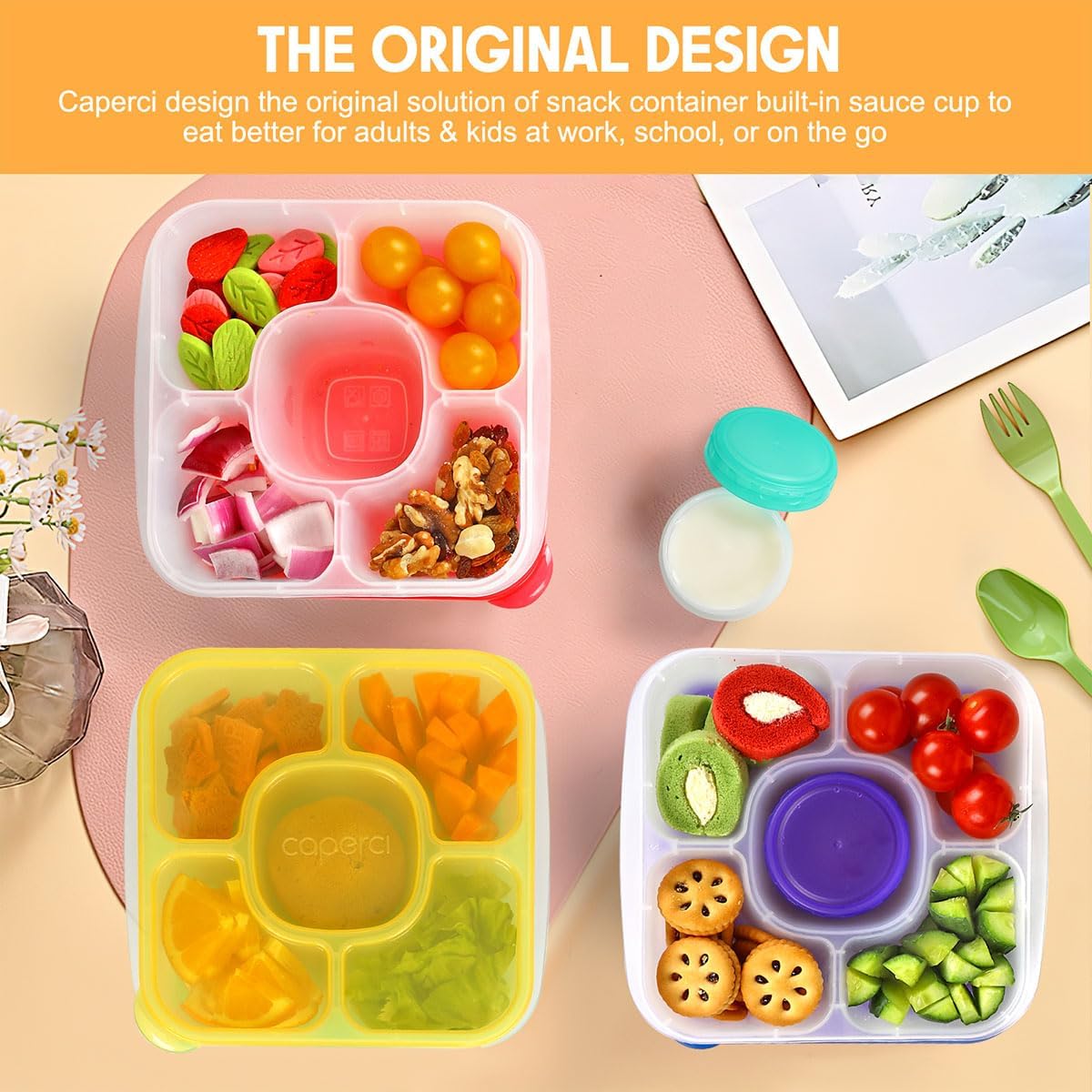 Caperci Original Lunchable Snack Containers for Kids & Adults - 5 Compartments Bento Snack Boxes with 4 Leakproof Small Containers, Wheat Straw, BPA-Free, Set of 4