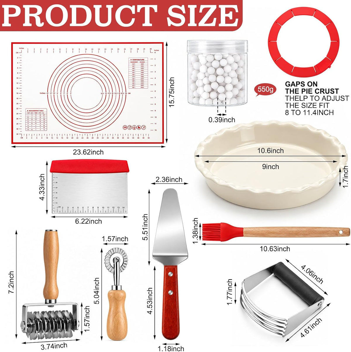 Willinglong 10 Pcs Pie Baking Tools Set, 10" Ceramic Dish & Pastry Kit