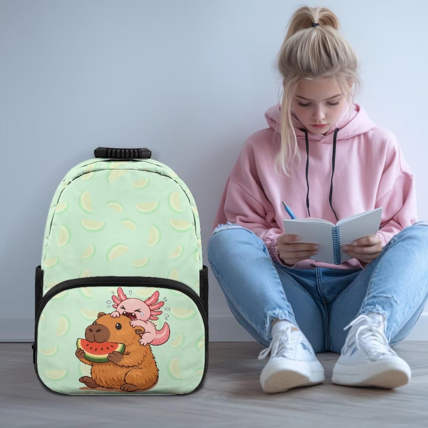 Cute Capybara Pizza Backpack for Girls, 5 Pcs Boys School Bag Set for Kids, 17 Inch Backpacks Lunch Pencil Box Reusable Utensils Case Set for Middle Elementary School, 3rd Grade Backpack