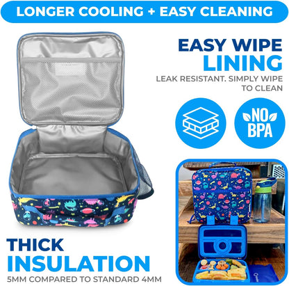 Kids Lunch Box - Bento Box for Boys Toddler Daycare, 4 Portion Sections with Lid, Snack Container Pre-School Kid Lunches Toddlers Removable Tray BPA Free, 3+ Years Old, Blue Rocket Dinosaur